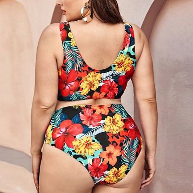 Women's Plus Size Tropical Floral Two Piece Swimsuit Wrap Front High Waisted Tummy Control Bikini