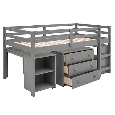 Whisen Low Study Loft Bed with Cabinet and Rolling Portable Desk, Versatility Galore