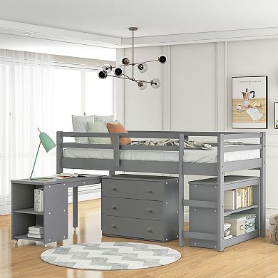 Whisen Low Study Loft Bed with Cabinet and Rolling Portable Desk, Versatility Galore