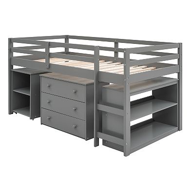 Whisen Low Study Loft Bed with Cabinet and Rolling Portable Desk, Versatility Galore