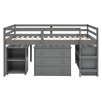 Whisen Low Study Loft Bed with Cabinet and Rolling Portable Desk, Versatility Galore