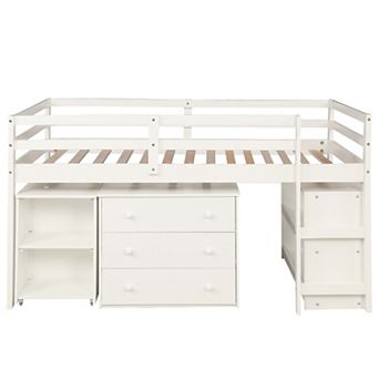 Whisen Low Study Loft Bed with Cabinet and Rolling Portable Desk, Versatility Galore