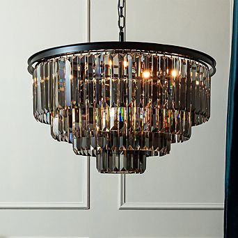 10-Lights 32'' Modern Matte Black 4 tier Round Fringe Chandelier with Smoke Crystal Accent