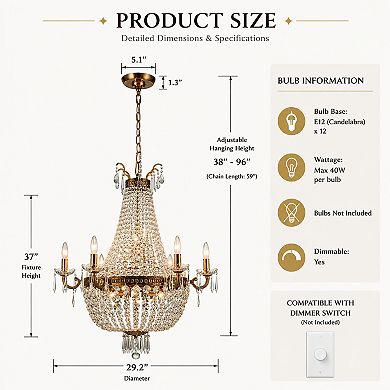 Classic Elegance 12-Light Antique Bronze Empire Crystal Chandelier
