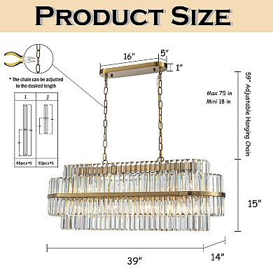 39 inches 2-Tier 7-Light Rectangular Aged Gold Contemporary Glam Crystal Chandelier Modern Classic