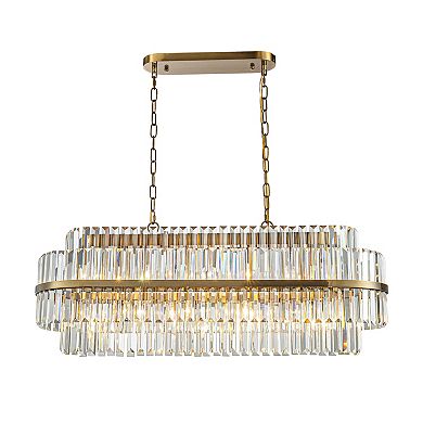 39 inches 2-Tier 7-Light Rectangular Aged Gold Contemporary Glam Crystal Chandelier Modern Classic