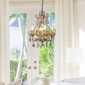 4-Lights Antique Gold Candlestick Chandelier 13 in Pendant Light with Crystal Teardrop Beads