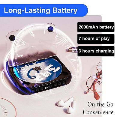 Rechargeable Mini Bluetooth CD Player with Headphones for Car Travel