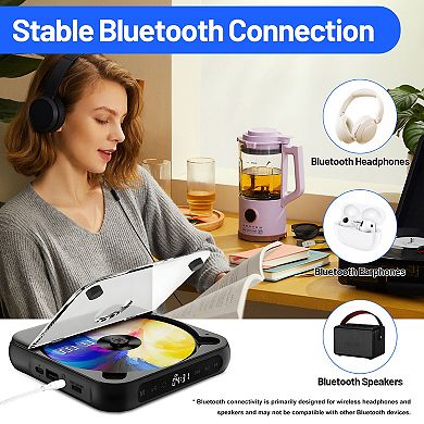 Rechargeable Mini Bluetooth CD Player with Headphones for Car Travel