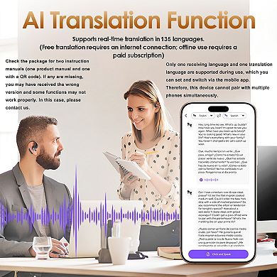 Open-Ear Earbud with Touch Screen, AI Translation Bluetooth Earhooks UV Charging Case, Built-in Mic