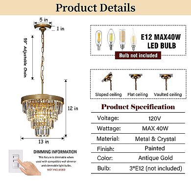 W13" 3-Light Modern Small Tiered Crystal Chandelier With Clear Crystals for Dining Room