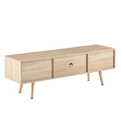 Lufeiya Rattan TV Stand Cabinet with Double Sliding Doors with Solid Wood Legs