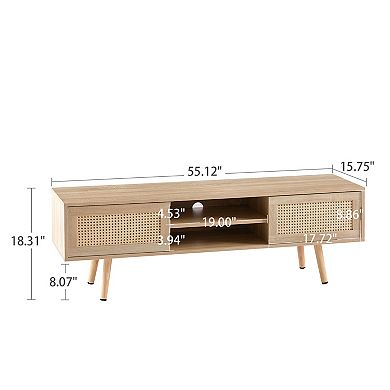 Lufeiya Rattan TV Stand Cabinet with Double Sliding Doors with Solid Wood Legs