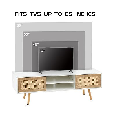 Lufeiya Rattan TV Stand Cabinet with Double Sliding Doors with Solid Wood Legs