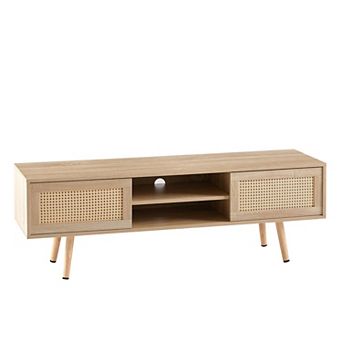 Lufeiya Rattan TV Stand Cabinet with Double Sliding Doors with Solid Wood Legs