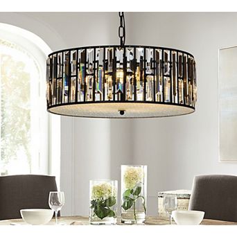 6-Light Black Mondern Farmhouse Lantern Drum Chandeliers With Crystal Accents