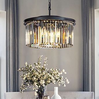 9-Lights Modern 20" Matte Black 2 tier Round Fringe Crystal Chandelier
