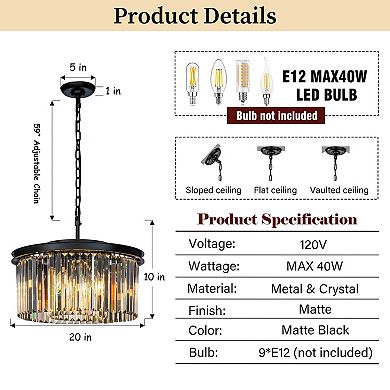 9-Lights Modern 20" Matte Black 2-Tier Round Fringe Crystal Chandelier