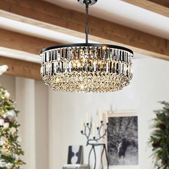 5 Lights 24" Modern Glam Matte Black Round Chandelier With Clear Crystal