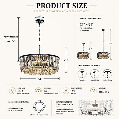 5 Lights 24" Modern Glam Matte Black Round Chandelier With Clear Crystal