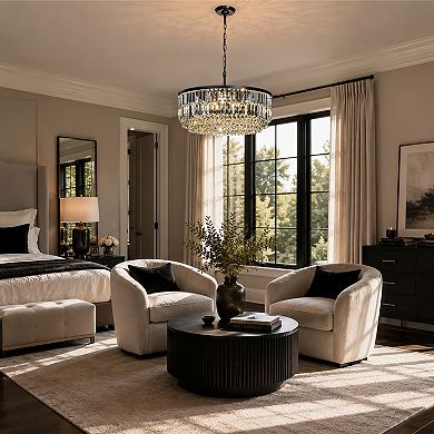 5 Lights 24" Modern Glam Matte Black Round Chandelier With Clear Crystal