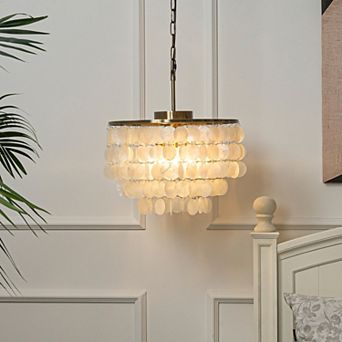 3-Lights Unique Tiered Antique Bronze Capiz Chandelier with Seashell Accents