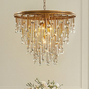 28” 7-Light Mid-Century Statement Crystal Chandelier Painted Brass Vintage Glam Pendant Light
