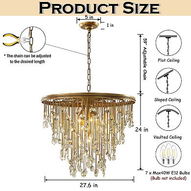 28” 7-Light Mid-Century Statement Crystal Chandelier Painted Brass Vintage Glam Pendant Light