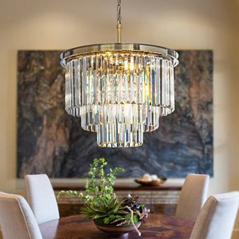 6-Lights Modern Antique Gold 3 tier Round Crystal Fringe Chandelier