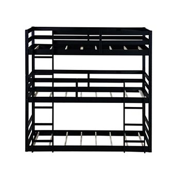 Whisen Rubber Wood Detachable Triple Twin Bunk Bed with Two Built-in Ladders and Guardrails