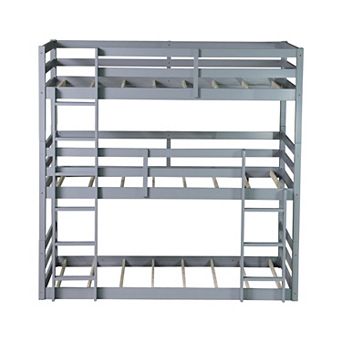 Whisen Rubber Wood Detachable Triple Twin Bunk Bed with Two Built-in Ladders and Guardrails