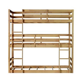 Whisen Rubber Wood Detachable Triple Twin Bunk Bed with Two Built-in Ladders and Guardrails