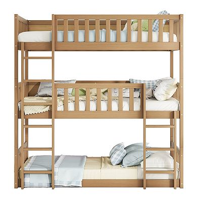 Whisen Triple Twin Size Rubber Wood Detachable Bunk Bed with Ladders and Guardrails