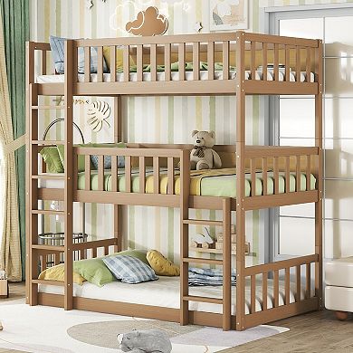Whisen Triple Twin Size Rubber Wood Detachable Bunk Bed with Ladders and Guardrails