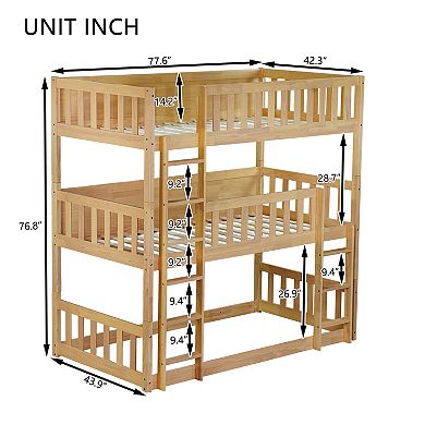 Whisen Triple Twin Size Rubber Wood Detachable Bunk Bed with Ladders and Guardrails