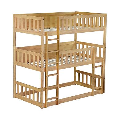 Whisen Triple Twin Size Rubber Wood Detachable Bunk Bed with Ladders and Guardrails