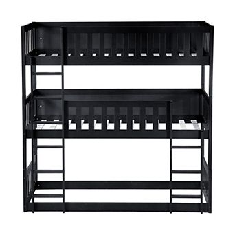 Whisen Triple Twin Size Rubber Wood Detachable Bunk Bed with Ladders and Guardrails