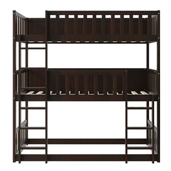 Whisen Triple Twin Size Rubber Wood Detachable Bunk Bed with Ladders and Guardrails