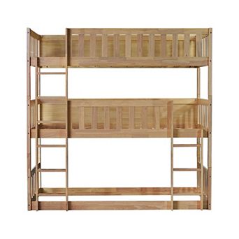 Whisen Triple Twin Size Rubber Wood Detachable Bunk Bed with Ladders and Guardrails