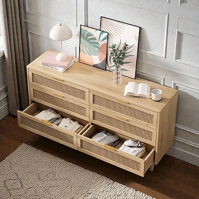 Lufeiya 59" Natural Rattan 6 Drawer Dresser for Bedroom