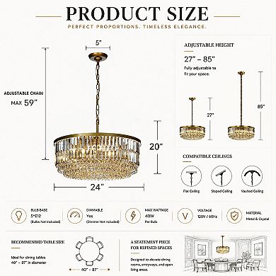5 Lights 24" Modern Glam Gold Round Chandelier With Clear Crystal