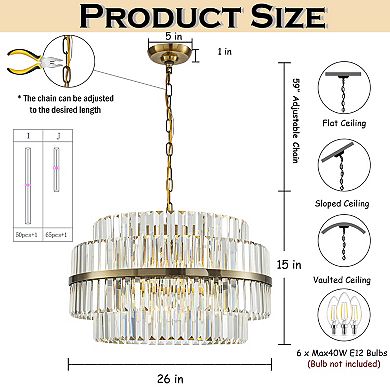 6-Light Modern Antique Brass Round Tiered Chandelier Dimmable Crystal Dining Room Lights