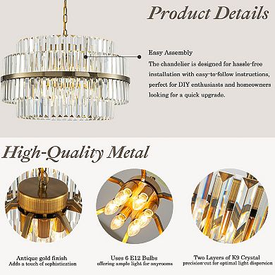 6-Light Modern Antique Brass Round Tiered Chandelier Dimmable Crystal Dining Room Lights