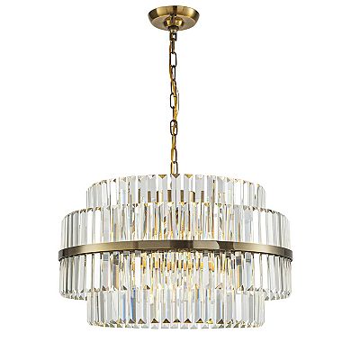 6-Light Modern Antique Brass Round Tiered Chandelier Dimmable Crystal Dining Room Lights