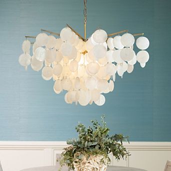 30" 6 Light Elegant & Natural Coastal Capiz Shell Chandelier in Antique Gold