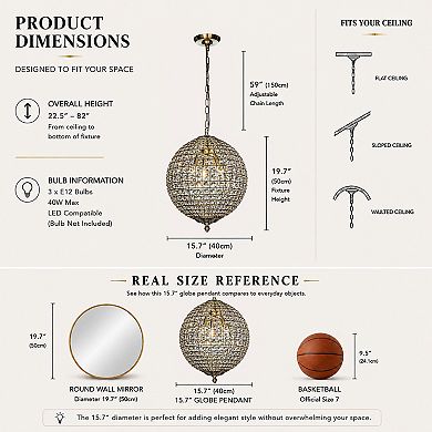 3-Light 16" Retro Antique Gold Crystal Globe Chandelier Small Sphere Pendant Light