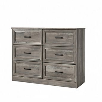 6 Drawer Wide Dresser for Bedroom with Charging Station, Wood Tall Dresser for Hallway Metal Handles