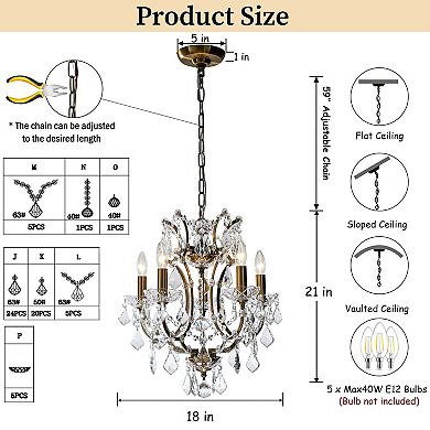 18'' 5-Light Classic/Traditional Lighting Fixture Antique Gold Glam Crystal Chandelier