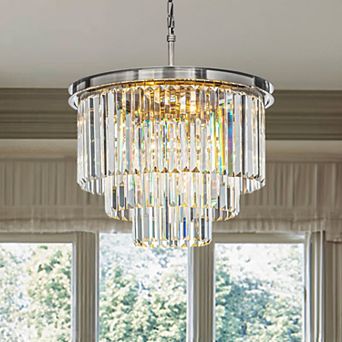 6-Lights Modern Satin Nickel 3 tier Round Crystal Fringe Chandelier