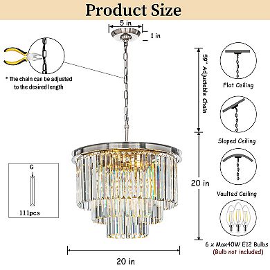6-Lights Modern Satin Nickel 3-Tier Round Crystal Fringe Chandelier